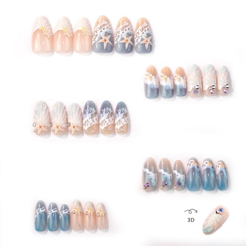 30Pcs Beach Wave Press-On Nails, 3D Rhinestone Ocean Star Shell Design, Almond Medium Length Nail    Art - Image 3