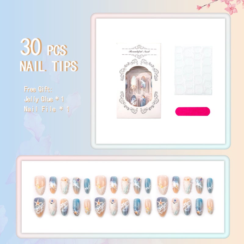 30Pcs Beach Wave Press-On Nails, 3D Rhinestone Ocean Star Shell Design, Almond Medium Length Nail    Art - Image 4