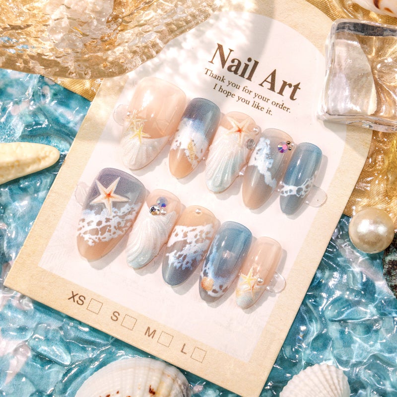 30Pcs Beach Wave Press-On Nails, 3D Rhinestone Ocean Star Shell Design, Almond Medium Length Nail    Art - Image 2