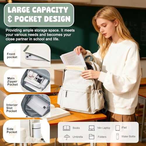 VECAVE School Backpack for Women Men, Lightweight Travel Casual Daypack Laptop Rucksack, Waterproof College High Secondary School Bags Bookbag for Boys Girls Teens BeigeGreen - Image 3