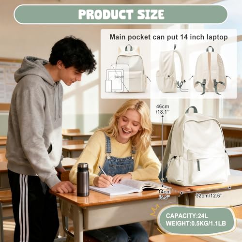 VECAVE School Backpack for Women Men, Lightweight Travel Casual Daypack Laptop Rucksack, Waterproof College High Secondary School Bags Bookbag for Boys Girls Teens BeigeGreen - Image 2