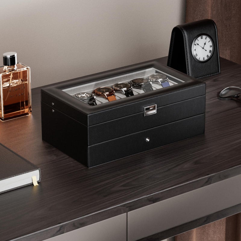 ProCase Watch Box, 12 Slot Mens Watch Case With Drawer, 2-Layer Watch Display Case With Glass Lid, Mens Jewelry Box Storage Holder Organizer, Birthday Valentine Gifts for Men -12Slot, Black - Image 2