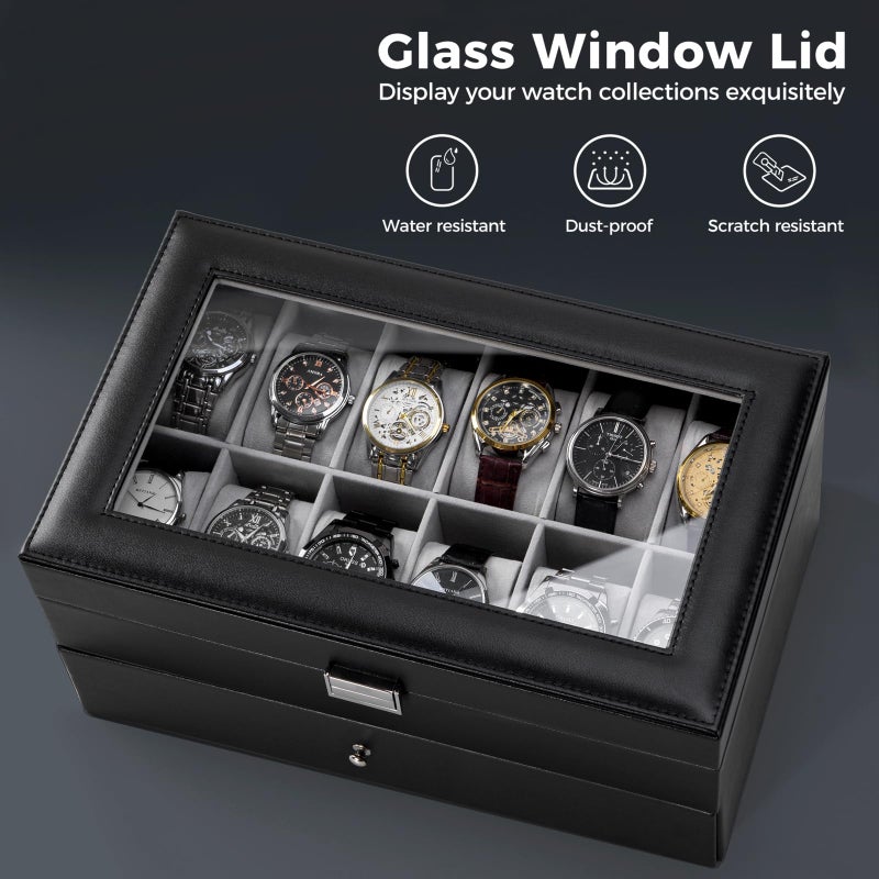ProCase Watch Box, 12 Slot Mens Watch Case With Drawer, 2-Layer Watch Display Case With Glass Lid, Mens Jewelry Box Storage Holder Organizer, Birthday Valentine Gifts for Men -12Slot, Black - Image 4