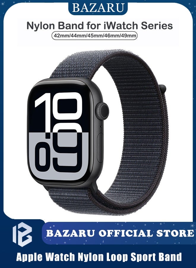 بازار سوار رياضي من النايلون لساعة Apple Watch - حزام قابل للتعديل ومضاد للتعرق وقابل للتهوية لساعة iWatch Ultra 2/Series 10/9/8/7/SE (42-49 مم)، سوار بديل ناعم مزدوج الطبقات منسوج للرجال والنساء (أسود حبر) - Image 1
