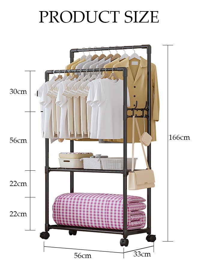 DUNISO حامل ملابس بعصا مزدوجة مع عجلات، حامل ملابس معدني مع رف للأحذية وخطافات، منظم شماعات ملابس متعدد الاستخدامات، مناسب لغرف النوم، الشرفات وغرفة المعيشة (أسود) - Image 2