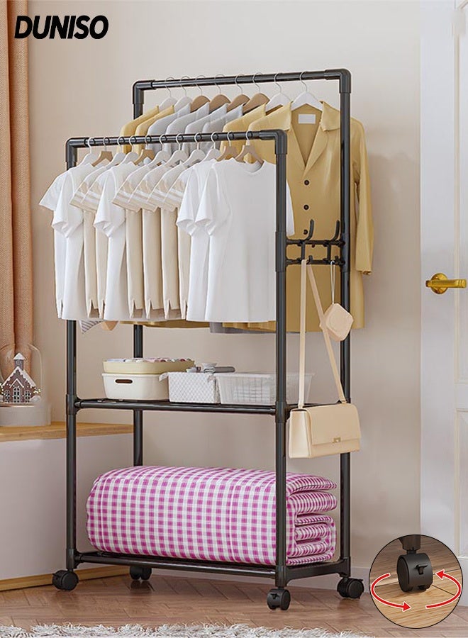 DUNISO حامل ملابس بعصا مزدوجة مع عجلات، حامل ملابس معدني مع رف للأحذية وخطافات، منظم شماعات ملابس متعدد الاستخدامات، مناسب لغرف النوم، الشرفات وغرفة المعيشة (أسود) - Image 1