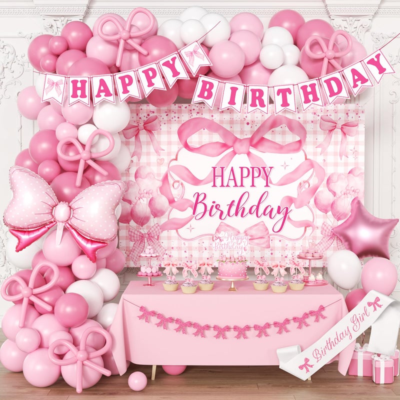jenmir Pink Birthday Party Decorations for women, Backdrop,Pink Bow Balloons Arch,Glitter Banner,Coquette Themed Party Supplies for Girls - Image 1