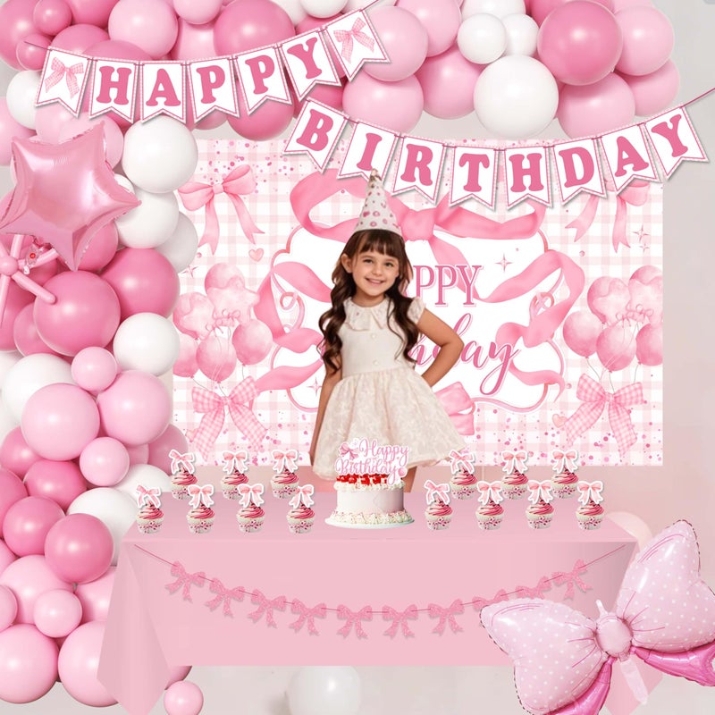 jenmir Pink Birthday Party Decorations for women, Backdrop,Pink Bow Balloons Arch,Glitter Banner,Coquette Themed Party Supplies for Girls - Image 5