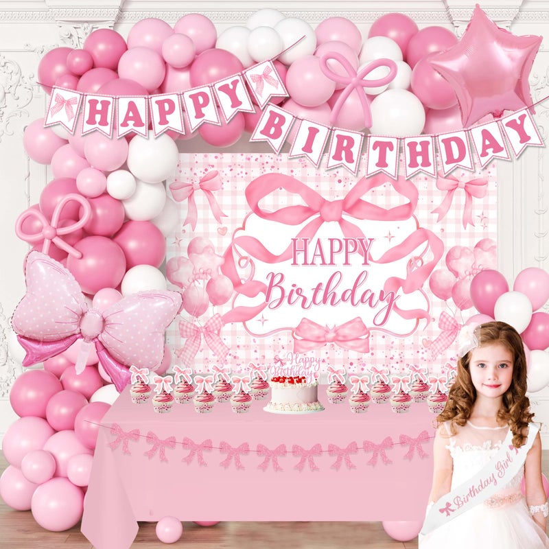 jenmir Pink Birthday Party Decorations for women, Backdrop,Pink Bow Balloons Arch,Glitter Banner,Coquette Themed Party Supplies for Girls - Image 3