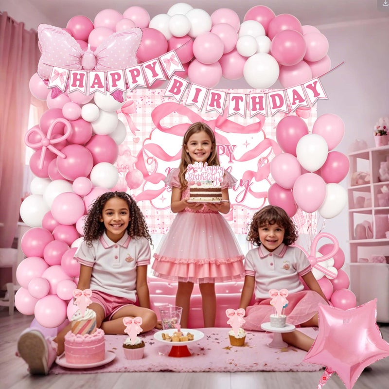jenmir Pink Birthday Party Decorations for women, Backdrop,Pink Bow Balloons Arch,Glitter Banner,Coquette Themed Party Supplies for Girls - Image 4