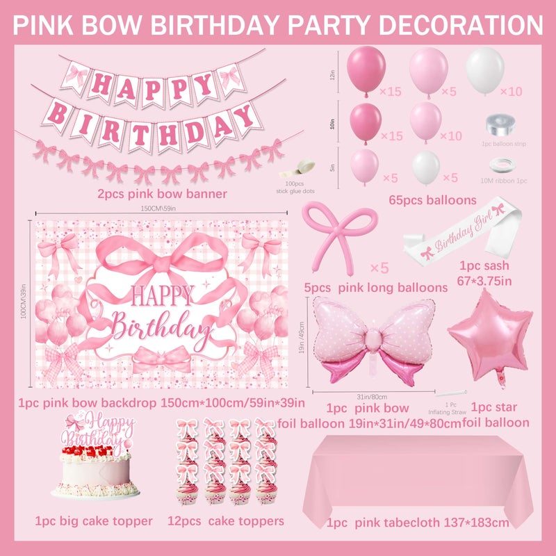 jenmir Pink Birthday Party Decorations for women, Backdrop,Pink Bow Balloons Arch,Glitter Banner,Coquette Themed Party Supplies for Girls - Image 2