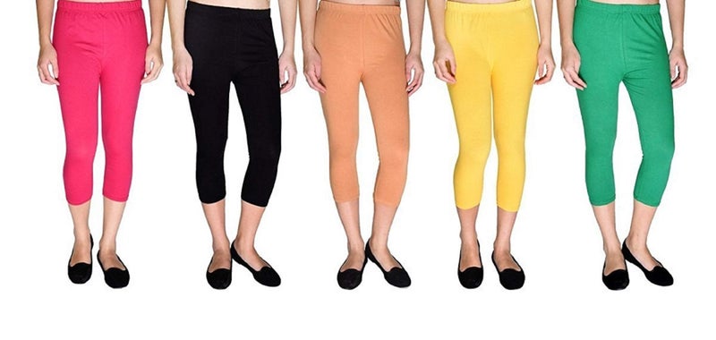 FEELBLUE Premium Cotton Strechable Women's Casual/Gym/Sports 3/4th Capri (Free Size) Combo Pack of 5 (RaniBlackPeachYelowPgreen) - Image 1