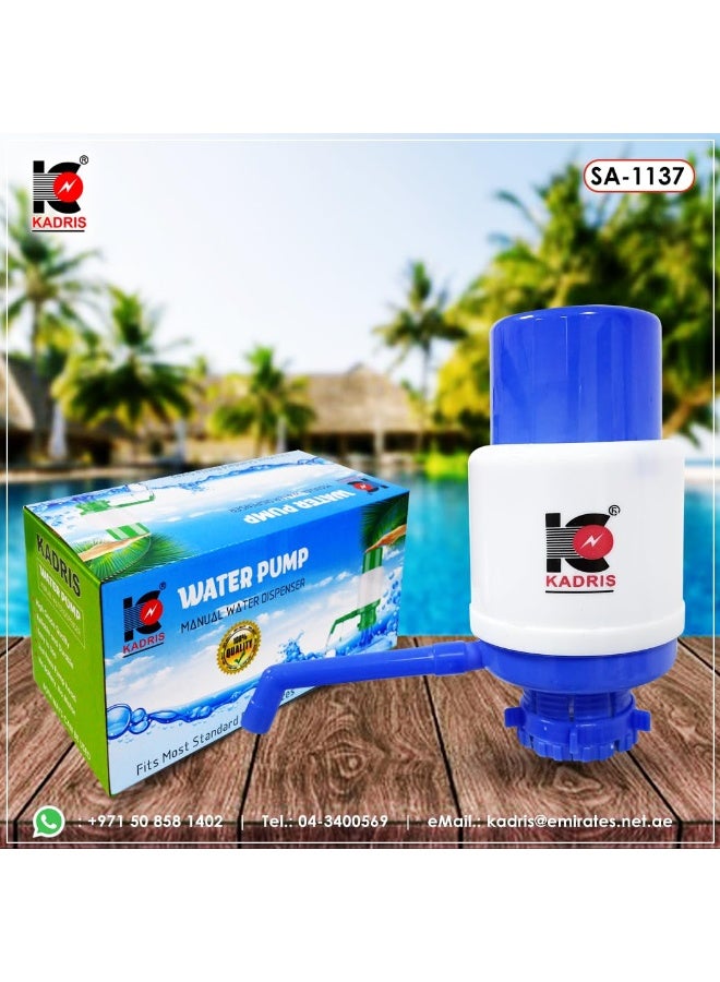 KADRIS مضخة مياه يدوية SA-1139 لزجاجة سعة 5 جالون - موزع شرب يدوي خالي من BPA يتناسب بشكل آمن مع أغطية الجراك - 3 أطوال أنابيب، غطاء واقي لفوهة، مواد غذائية بألوان متنوعة  - Image 1