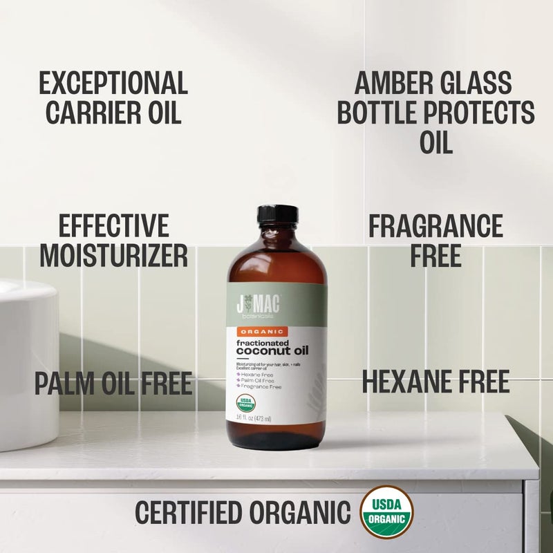 J MAC BOTANICALS Organic Fractionated Coconut Oil (16 Ounce Glass Bottle) Organic Carrier Oil and for DIluting Essential Oils, Moisturizer, Hair Care - Image 3