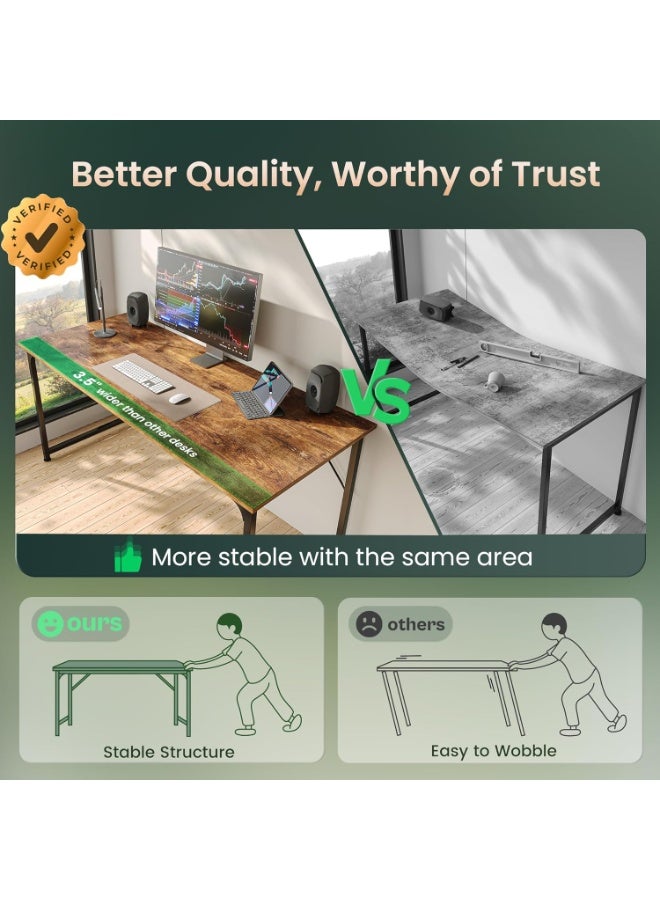 Huuger مكتب كمبيوتر 55 بوصة للمكتب المنزلي، طاولة كبيرة للالعاب والدراسة بسطح خشبي هندسي وإطار معدني قوي، مكتب حديث بلون رستيك بني لغرفة النوم والدراسة والعمل من المنزل - Image 3