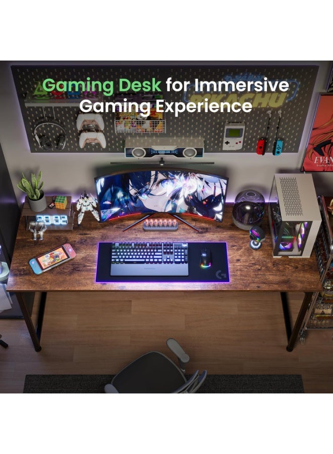 Huuger مكتب كمبيوتر 55 بوصة للمكتب المنزلي، طاولة كبيرة للالعاب والدراسة بسطح خشبي هندسي وإطار معدني قوي، مكتب حديث بلون رستيك بني لغرفة النوم والدراسة والعمل من المنزل - Image 5