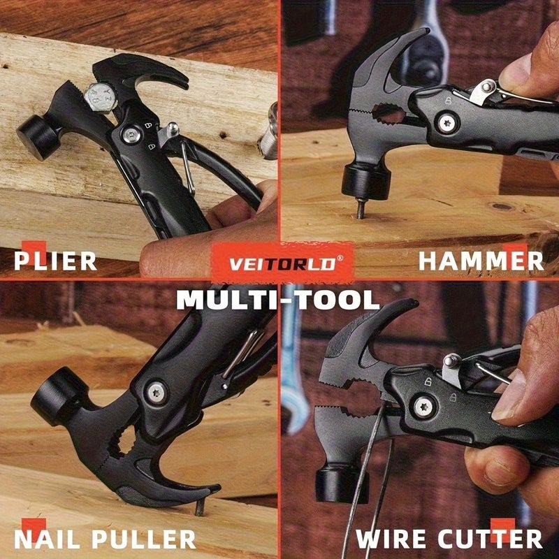 Black Hammer 12 In 1 Heavy Duty Multi Tool Pocket Hammer Set With Locking Mechanism Compact Portable Metal Kit For Camping Home DIY Survival Gift - Image 5