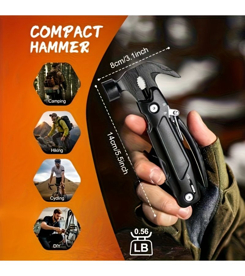 Black Hammer 12 In 1 Heavy Duty Multi Tool Pocket Hammer Set With Locking Mechanism Compact Portable Metal Kit For Camping Home DIY Survival Gift - Image 2