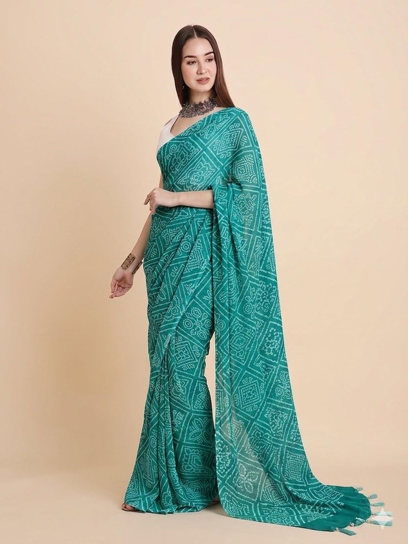 RATAN Women's Chiffon Bandhani Printed Saree without Blouse Piece (GZL-55036_Teal) - Image 5