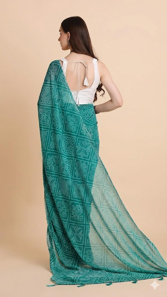 RATAN Women's Chiffon Bandhani Printed Saree without Blouse Piece (GZL-55036_Teal) - Image 2