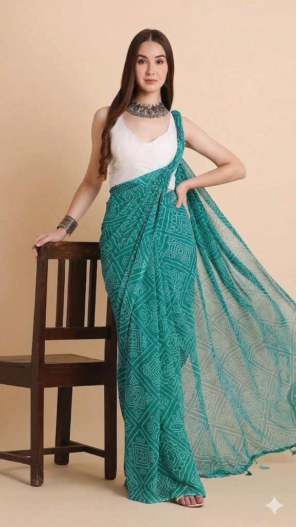 RATAN Women's Chiffon Bandhani Printed Saree without Blouse Piece (GZL-55036_Teal) - Image 4