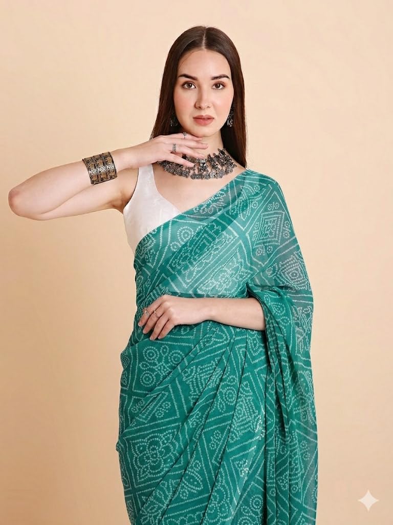 RATAN Women's Chiffon Bandhani Printed Saree without Blouse Piece (GZL-55036_Teal) - Image 3