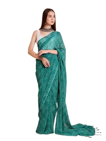 RATAN Women's Chiffon Bandhani Printed Saree without Blouse Piece (GZL-55036_Teal) - Image 1