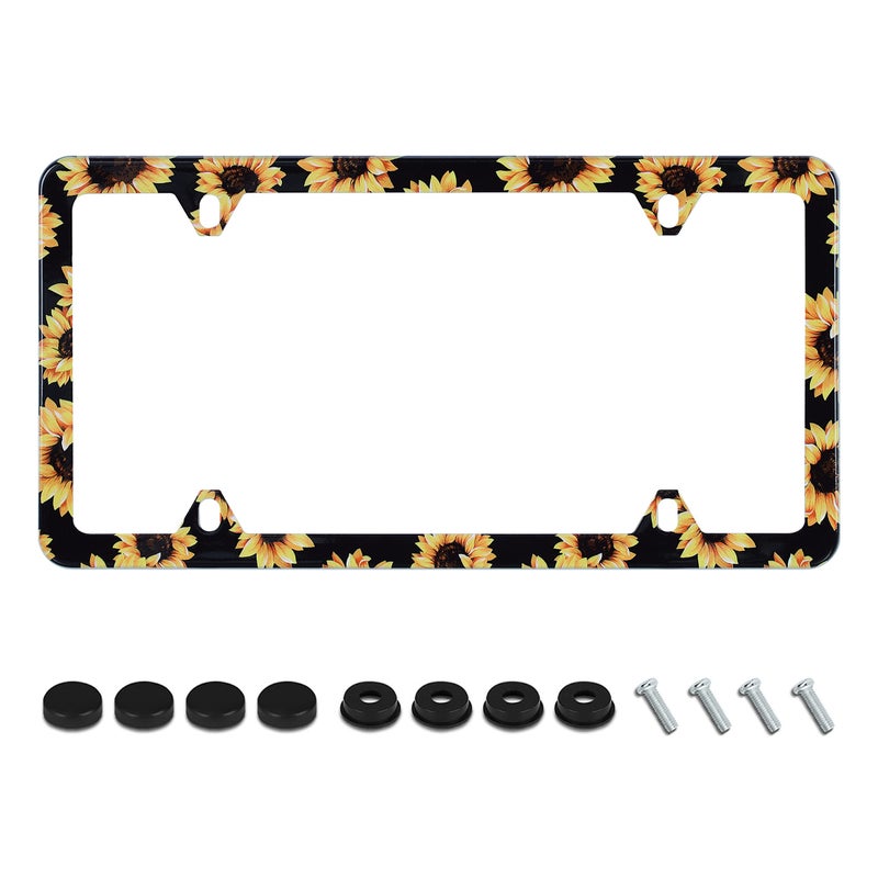 UNINDREM Sunflower License Plate Frame Yellow Flowers Print License Plate Holder Stainless Steel Auto Parts Decoration with Screws for Men Women License Plate 4 Holes 1pcs - Image 3