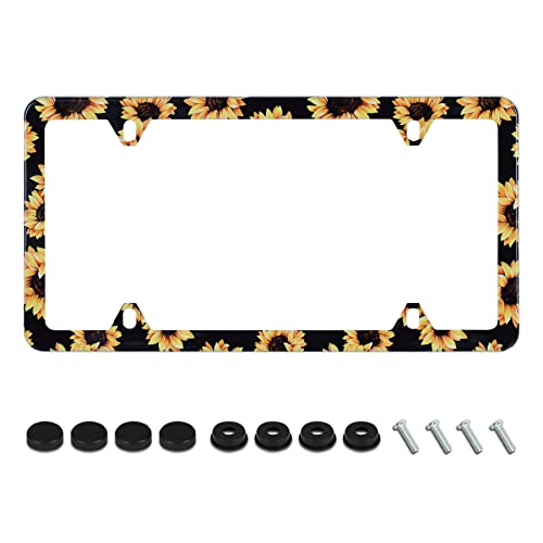 UNINDREM Sunflower License Plate Frame Yellow Flowers Print License Plate Holder Stainless Steel Auto Parts Decoration with Screws for Men Women License Plate 4 Holes 1pcs - Image 1