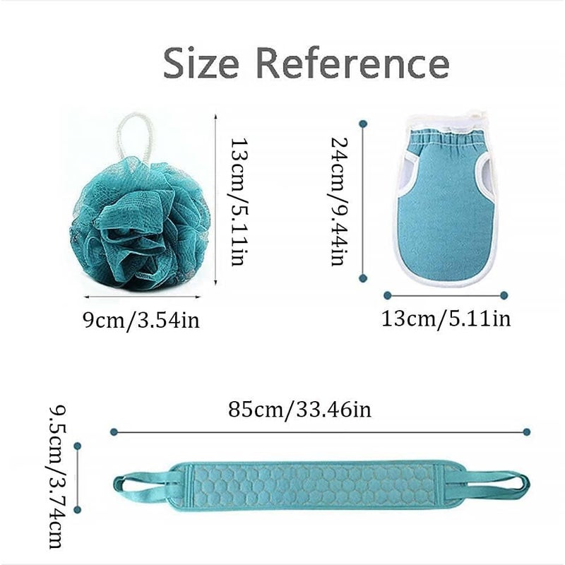 YONIMI Exfoliating Body Scrubber Shower Set - 3pcs, Back Scrubber, Sponge Pad & Loofah Mesh Bath Pouf for Men Women Shower Bath, Sensitive, Delicate, Dry Skin. Reusable - Image 2