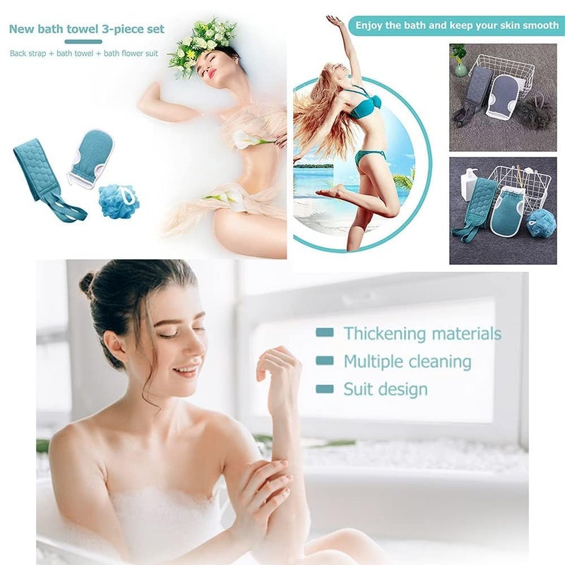 YONIMI Exfoliating Body Scrubber Shower Set - 3pcs, Back Scrubber, Sponge Pad & Loofah Mesh Bath Pouf for Men Women Shower Bath, Sensitive, Delicate, Dry Skin. Reusable - Image 5