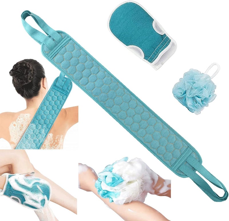 YONIMI Exfoliating Body Scrubber Shower Set - 3pcs, Back Scrubber, Sponge Pad & Loofah Mesh Bath Pouf for Men Women Shower Bath, Sensitive, Delicate, Dry Skin. Reusable - Image 1