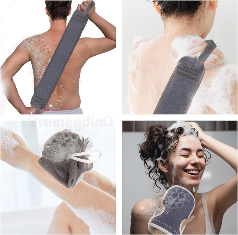 YONIMI Exfoliating Body Scrubber Shower Set - 3pcs, Back Scrubber, Sponge Pad & Loofah Mesh Bath Pouf for Men Women Shower Bath, Sensitive, Delicate, Dry Skin. Reusable - Image 4