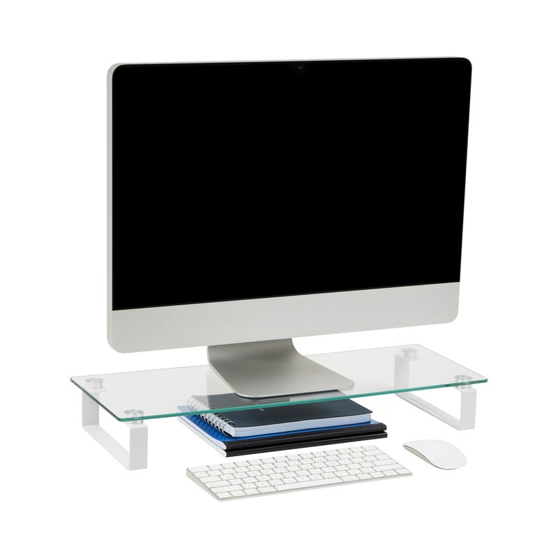 Mind Reader Monitor Stand, Contemporary, Desktop Organizer, Laptop Riser, Office, Glass, 22"L x 8.25"W x 3"H, Clear - Image 1
