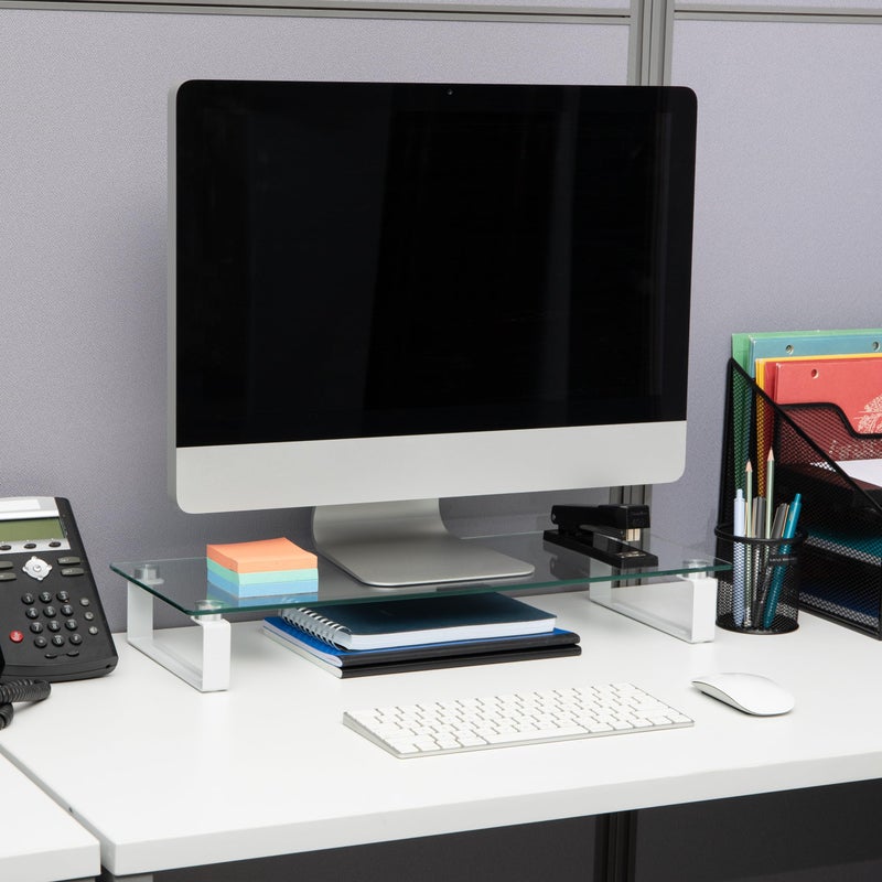 Mind Reader Monitor Stand, Contemporary, Desktop Organizer, Laptop Riser, Office, Glass, 22"L x 8.25"W x 3"H, Clear - Image 2