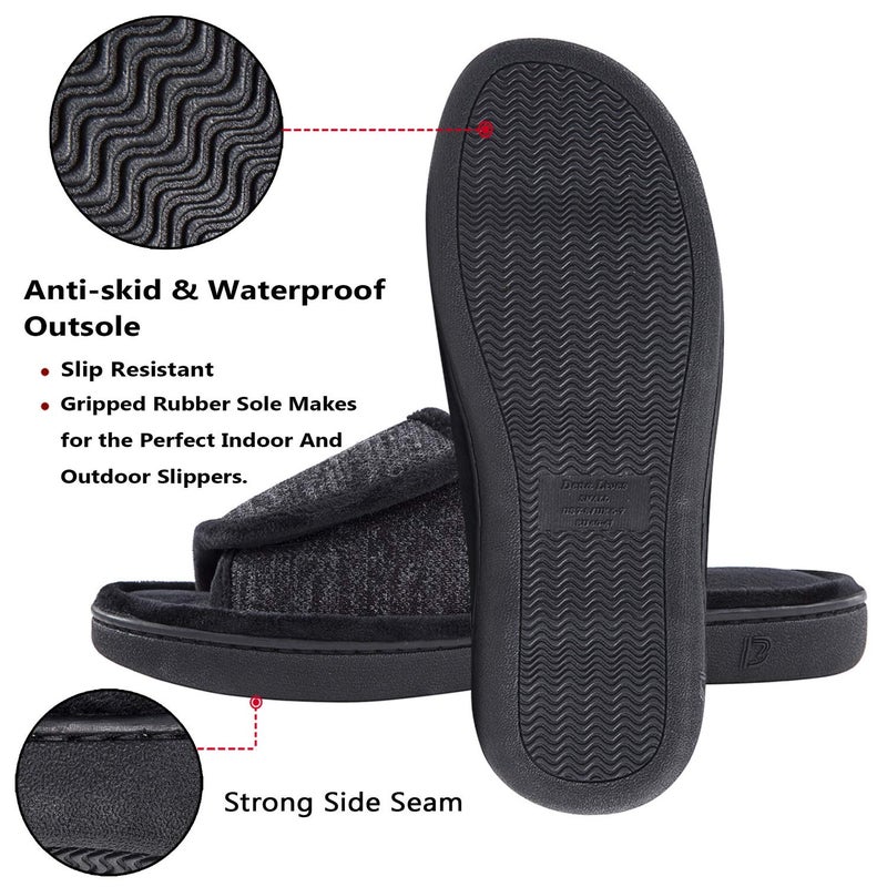 DL Adjustable Men's Memory Foam Slippers, Open Toe Comfy Indoor/Outdoor, Cozy Breathable Slide Bedroom Velcor Slippers Size 9-10 Black - Image 5