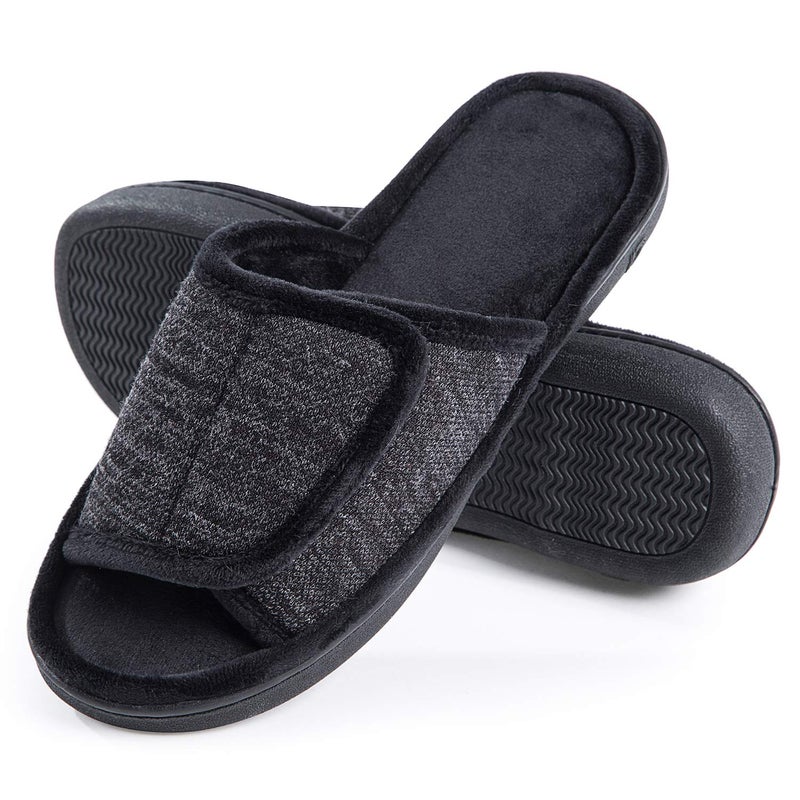 DL Adjustable Men's Memory Foam Slippers, Open Toe Comfy Indoor/Outdoor, Cozy Breathable Slide Bedroom Velcor Slippers Size 9-10 Black - Image 1
