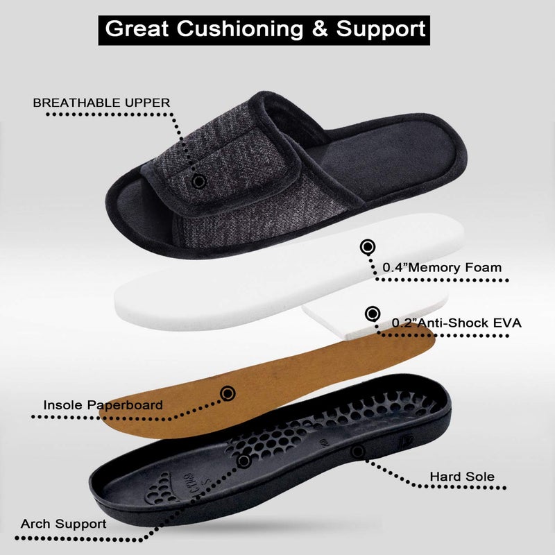 DL Adjustable Men's Memory Foam Slippers, Open Toe Comfy Indoor/Outdoor, Cozy Breathable Slide Bedroom Velcor Slippers Size 9-10 Black - Image 4