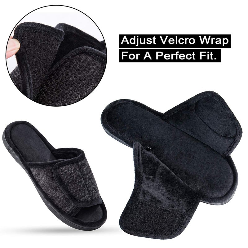 DL Adjustable Men's Memory Foam Slippers, Open Toe Comfy Indoor/Outdoor, Cozy Breathable Slide Bedroom Velcor Slippers Size 9-10 Black - Image 3