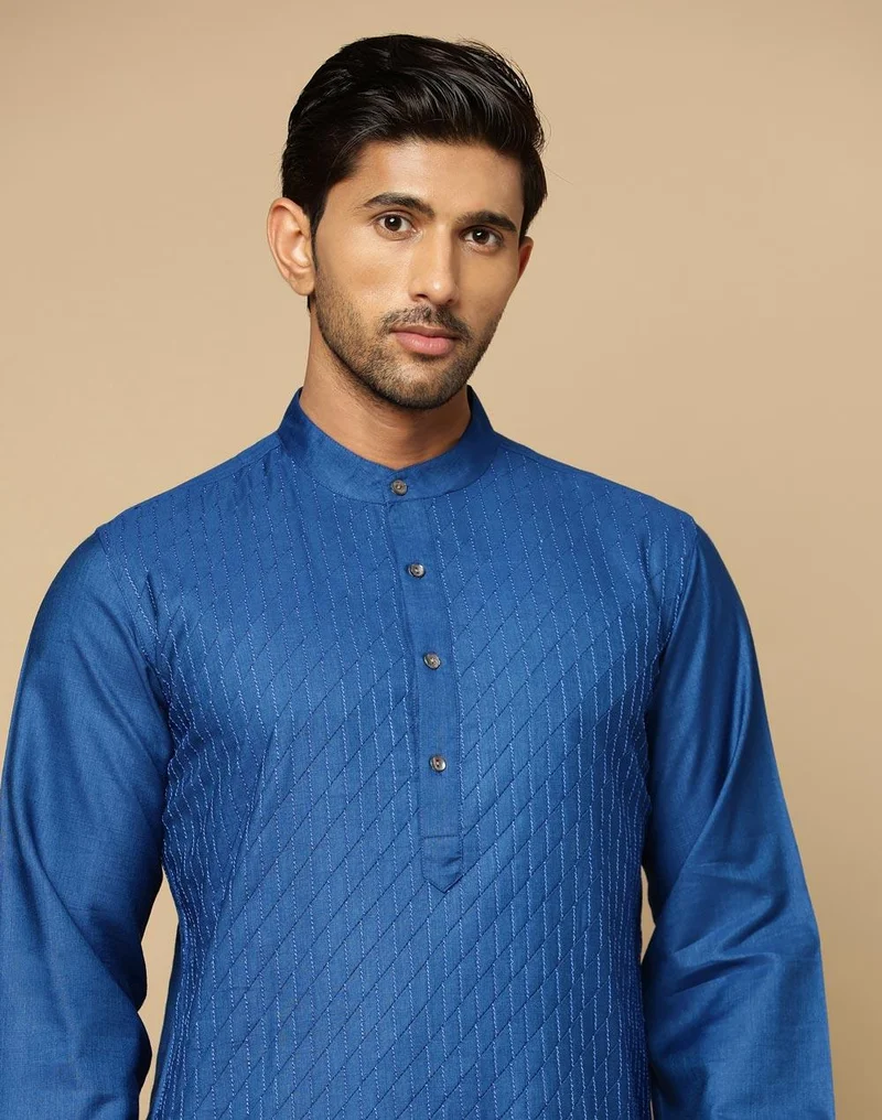 Fabindia Blue Viscose Silk Pintucks Slim Fit Long Kurta