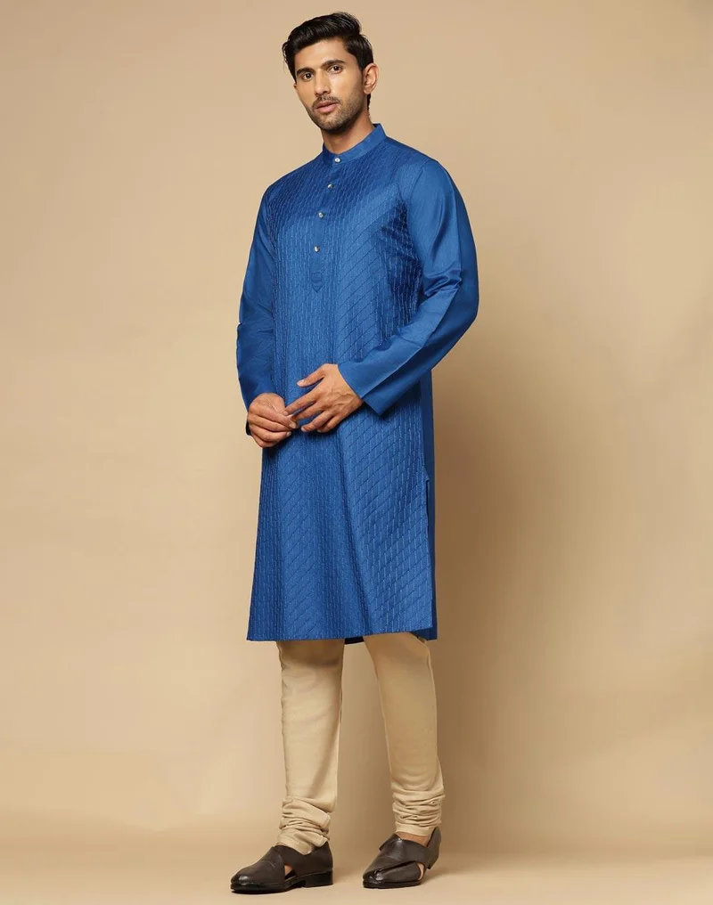 Fabindia Blue Viscose Silk Pintucks Slim Fit Long Kurta