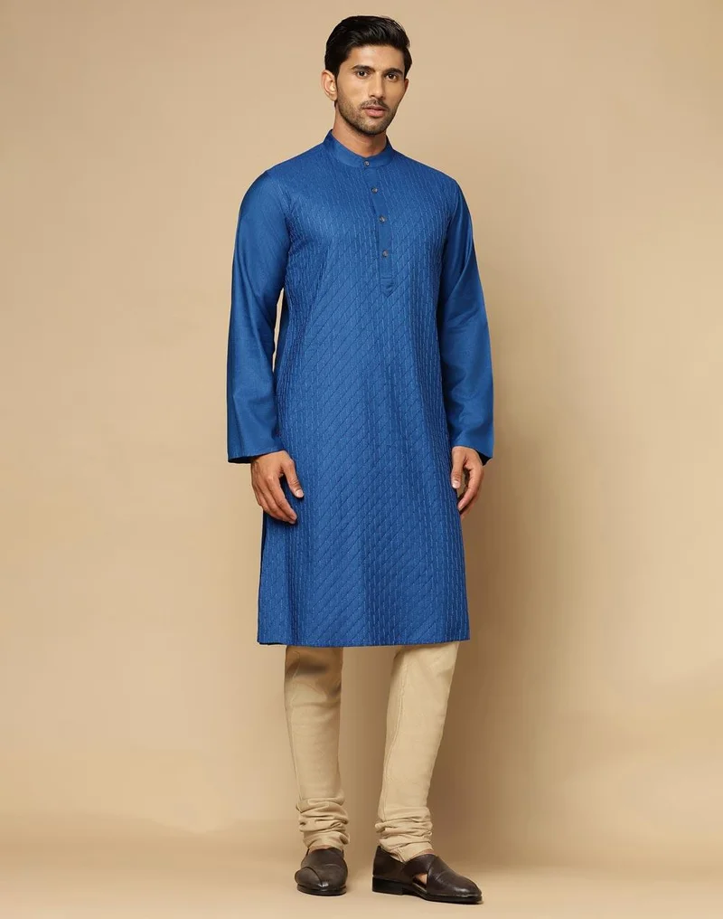 فاب انديا Blue Viscose Silk Pintucks Slim Fit Long Kurta