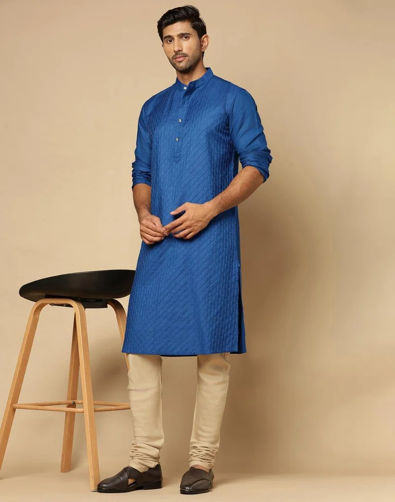 فاب انديا Blue Viscose Silk Pintucks Slim Fit Long Kurta