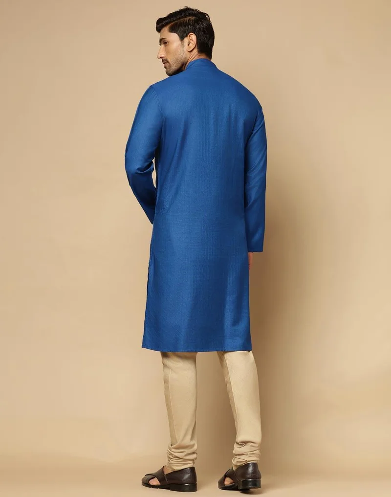 Fabindia Blue Viscose Silk Pintucks Slim Fit Long Kurta