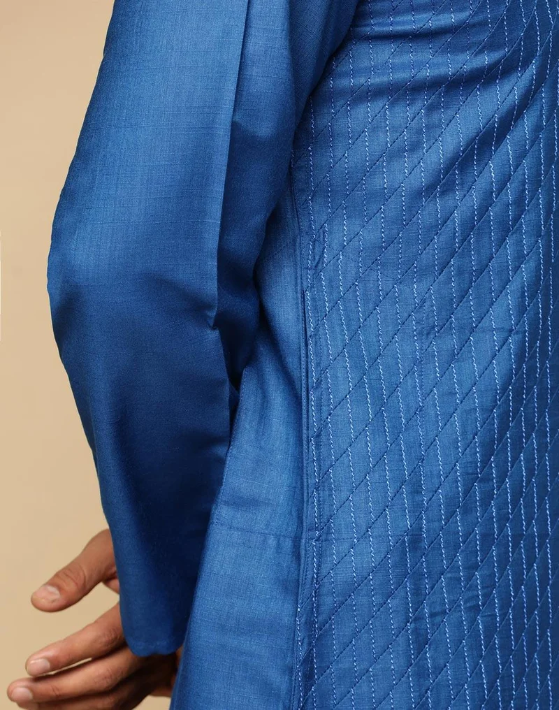 Fabindia Blue Viscose Silk Pintucks Slim Fit Long Kurta