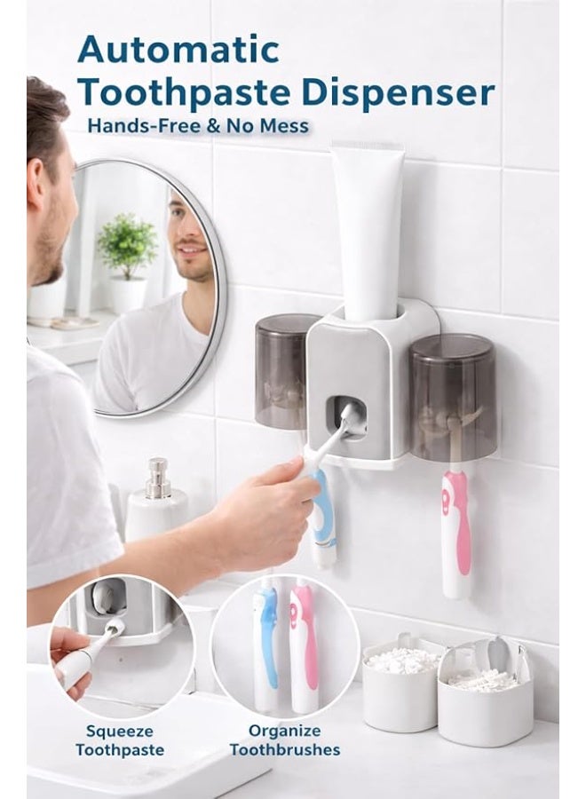 حامل فرشاة أسنان متعدد الوظائف، منظم جداري مع أكواب وموزع معجون أسنان أوتوماتيكي، حل تخزين صحي للحمام للعناية اليومية بالفم للعائلة - Image 2