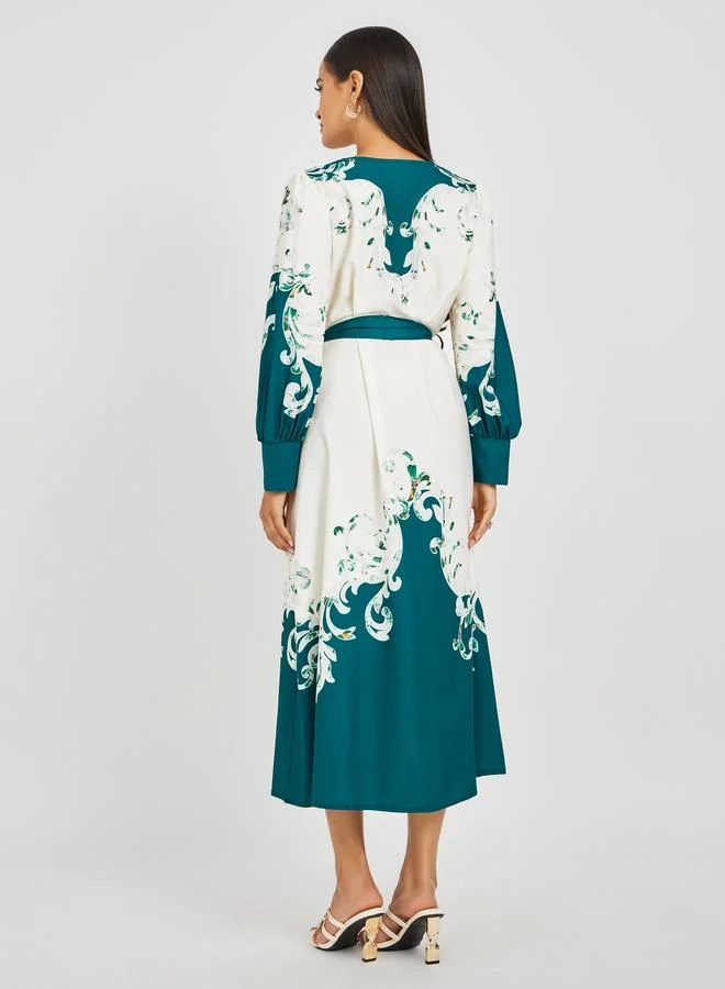 Take Two Take Two Floral Print Long Sleeve V-Neck Belted Midi Dress
