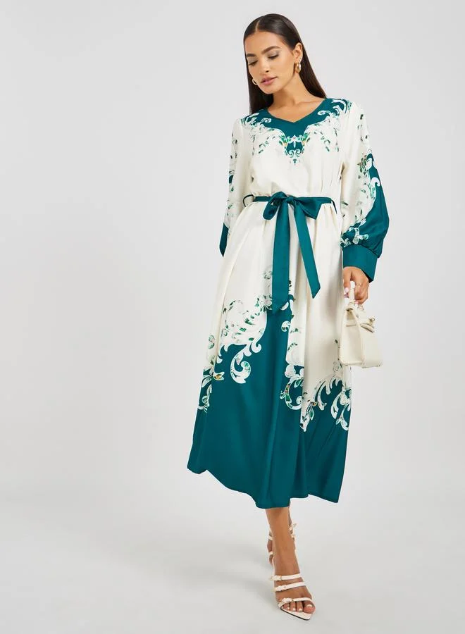 تايك تو Take Two Floral Print Long Sleeve V-Neck Belted Midi Dress