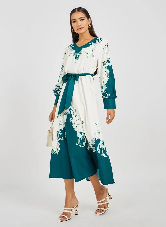 تايك تو Take Two Floral Print Long Sleeve V-Neck Belted Midi Dress
