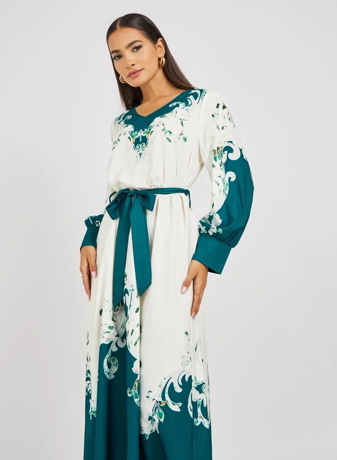 Take Two Take Two Floral Print Long Sleeve V-Neck Belted Midi Dress